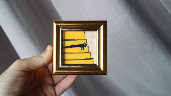 Mini painting a black cat is sleeping on the stairs oil framed 2x2 in Original Handmade