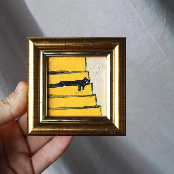 Mini painting a black cat is sleeping on the stairs oil framed 2x2 in Original Handmade