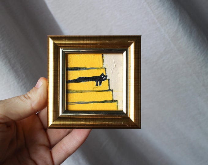 Mini painting a black cat is sleeping on the stairs oil framed 2x2 in Original Handmade