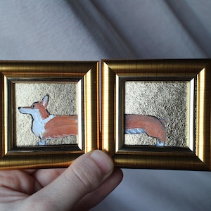 Welsh Corgis Ölgemälde 2x2 mit Blattgold original gerahmter Hund Welpe Malerei Hundeportrait