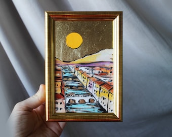 Florence sunset oil painting original bronze leaf painting framed 4x6 Florence sketch Painting Florence Wall Art Decor gift