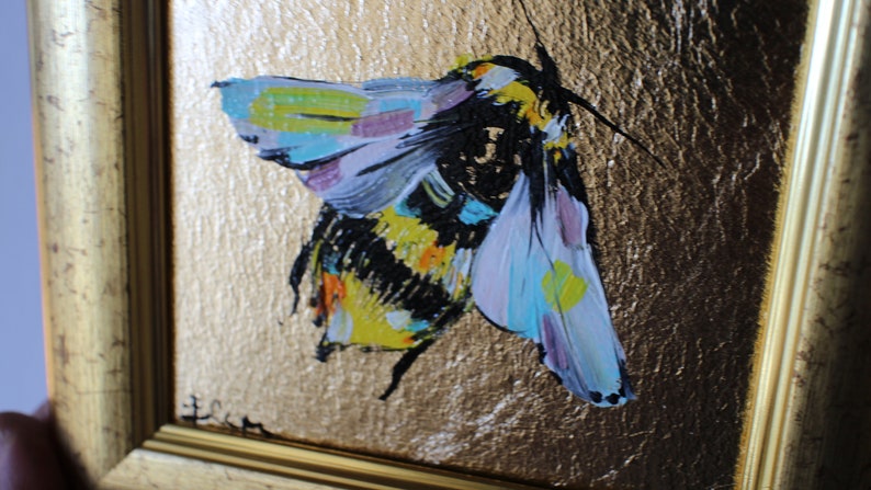 Bumblebee Miniature oil painting with gold leaf 4x4 framed Small original Oil painting flower image 4