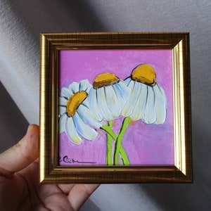 Daisy oil painting floral framed original 4x4 camomile floral painting Oil painting flower mini floral painting Bouquet painting