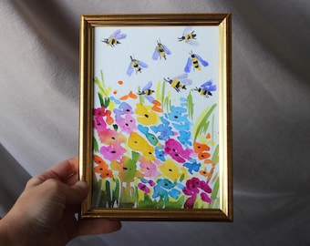 Acuarela original enmarcada tamaño A5 con diseño de abeja y detalles en pan de oro.