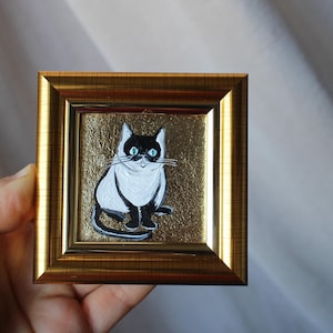 Gato siamés con pan de oro Pintura al óleo con pan de oro 2x2 cuadro original enmarcado Cuadro de gato negro original enmarcado