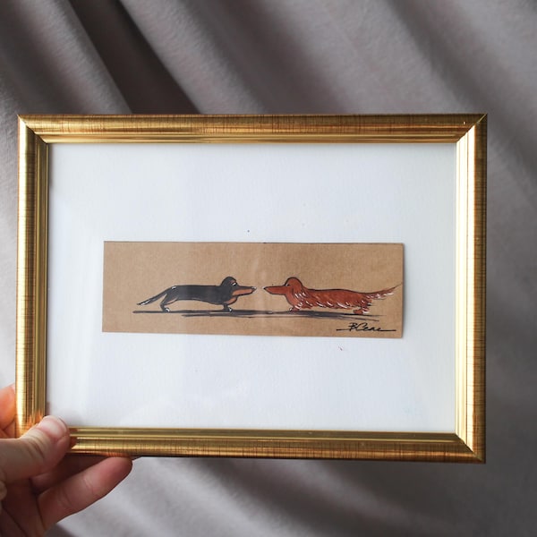 Brown and black Dachshunds Watercolor Painting: Original Framed Dog Portrait Art A5