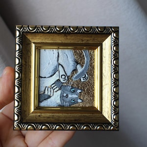Portrait de chat gris blanc avec feuille d'or Peinture à l'huile avec feuille d'or 2 x 2 peinture originale encadrée peinture de chat originale encadrée