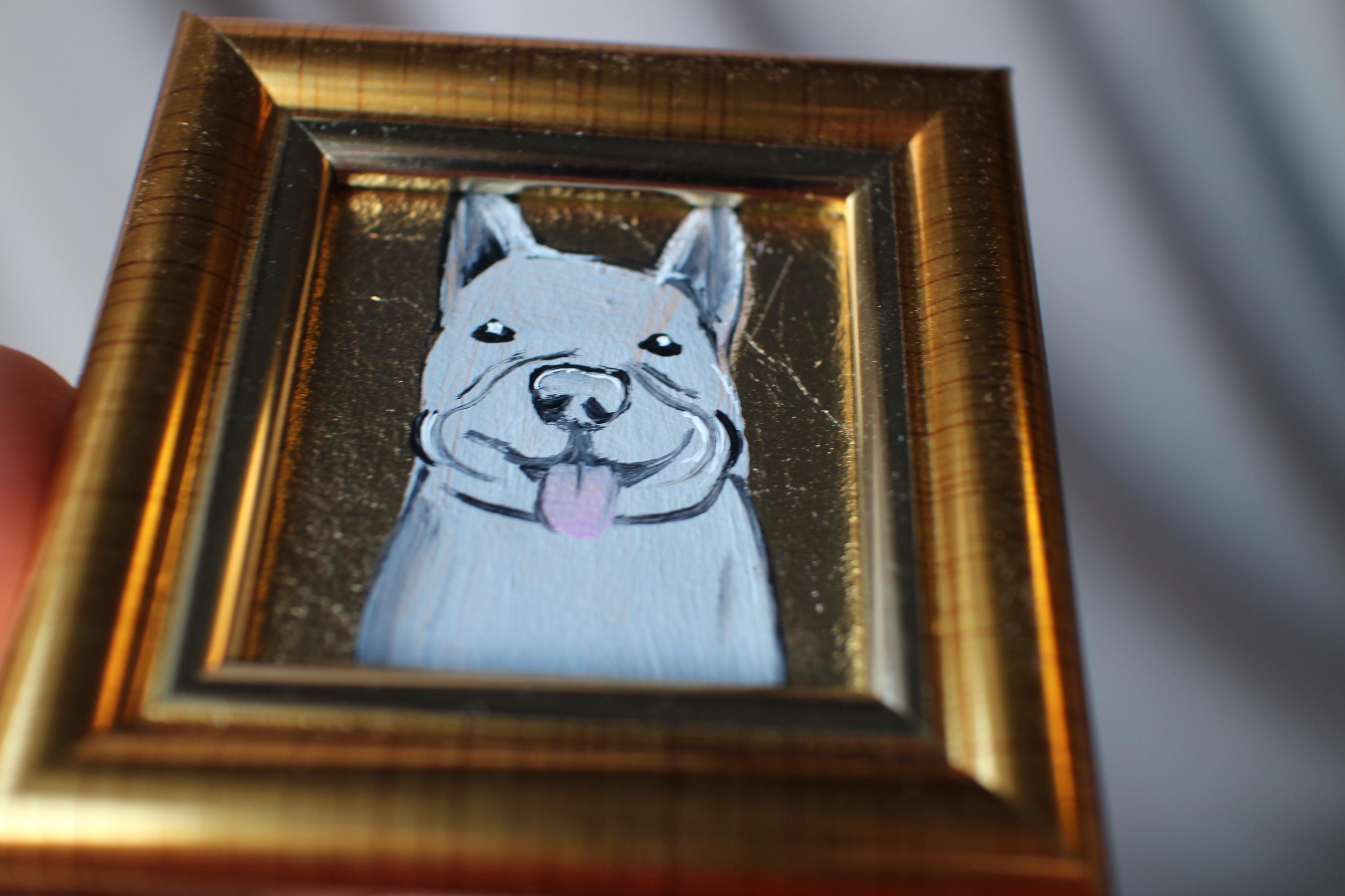 額入りフレンチブルドッグの油絵：オリジナル犬の肖像画（2 x 2インチ