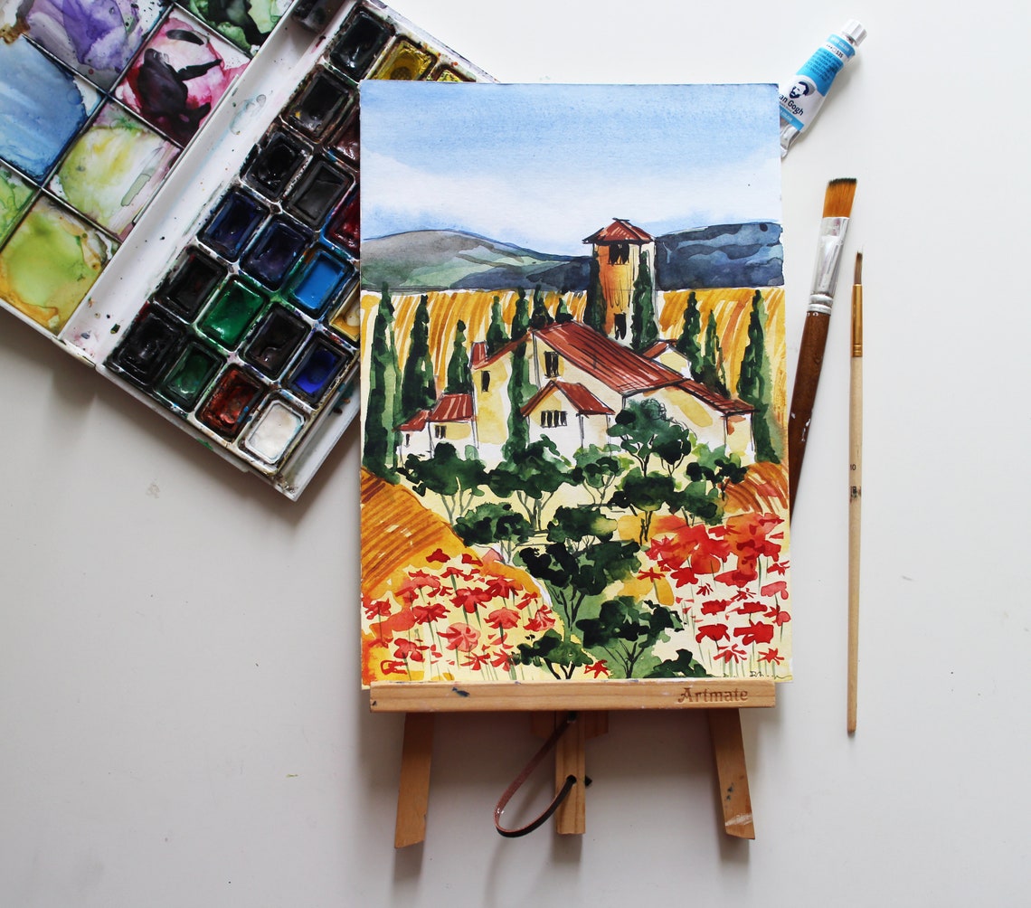 Tuscany Italy poppy field painting watercolor original framed | Etsy