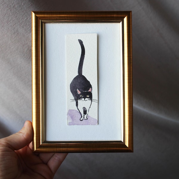 Pintura de acuarela enmarcada de un gato abrazado en blanco y negro - Arte de pared pequeño de 4x6