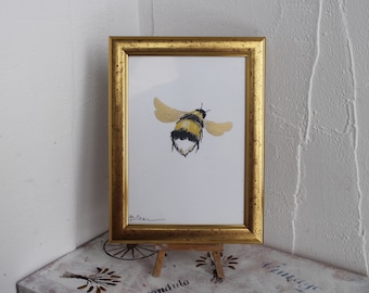 Bourdon peinture aquarelle avec feuille d'or encadré géométrie originale cercle illustration abeille peinture décoration murale art cadeau