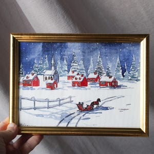 Carte de Noël forêt hiver originale encadrée carte de Noël vintage peinte à la main originale aquarelle peinture arbre de Noël cadeau de Noël