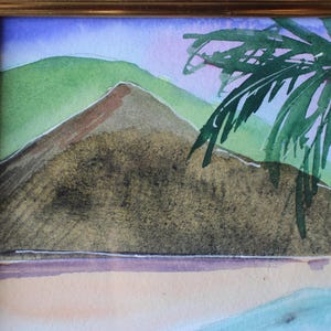 May include: A watercolor painting of a tropical scene with a palm tree in the foreground and a mountain in the background. The sky is a light blue with purple and pink hues. The palm tree has green leaves and a brown trunk. The mountain is a dark brown with a green top.