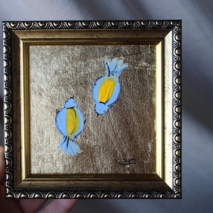 Blauwe vogel olieverfschilderij origineel ingelijst met bladgoud 4 x 4 bladgoud kunst bladgoud textuur muur kunst olieverfschilderij canvas