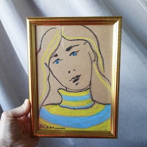 Framed Woman Portrait: Original Oil Pastel Sketch, A5 Art