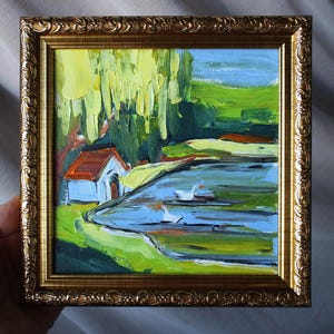 Cisnes en el lago óleo Pintura original 6x6 pintura enmarcada gansos blancos pintura original enmarcada ilustración decoración del hogar arte de la pared