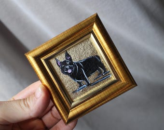 額装済みフレンチブルドッグ油絵：オリジナル犬の肖像画（2×2インチ