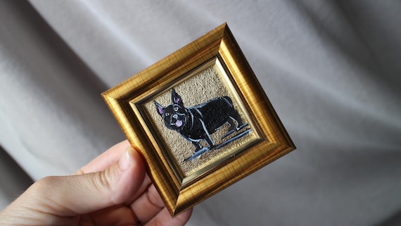 額装済みフレンチブルドッグ油絵：オリジナル犬の肖像画（2×2インチ