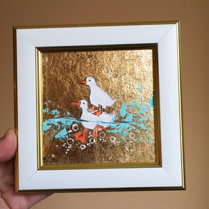 Pintura al óleo de ganso blanco Anser, pintura original enmarcada, nenúfares, pintura de gansos blancos, ilustración original enmarcada, decoración del hogar, arte de pared