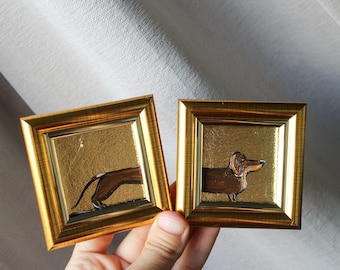 Brown dachshund split oil painting with gold leaf original framed double art 2x2 + 2x2 dog Oil painting puppy painting Dog Portrait