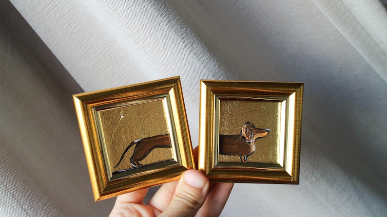 Brown dachshund split oil painting with gold leaf original framed double art 2x2 + 2x2 dog Oil painting puppy painting Dog Portrait