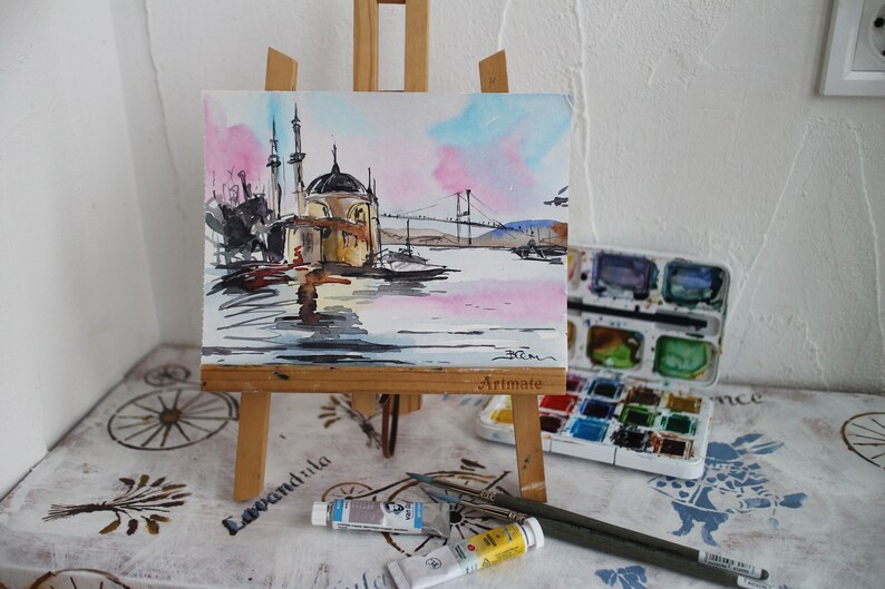 Painting Istanbul bridge watercolor original Turkish framed watercolor Church of Hagia Sophia