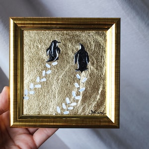 Pingüinos Pintura al óleo con pan de oro Pintura original de 4x4 enmarcada Pintura de pingüino negro original enmarcada