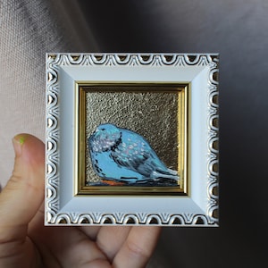 Pigeon portrait oil Painting gold leaf original painting framed 2x2 dove painting original framed illustration home decor