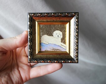 Giant Poodle Puppy Oil Painting, Original Gold Leaf Framed Dog Portrait (2x2in)