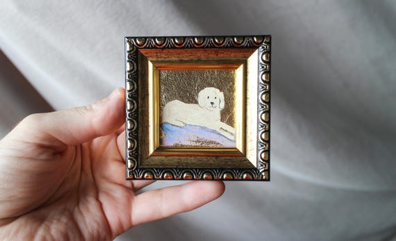 巨大なプードルの子犬の油絵、オリジナルの金箔入り犬の肖像画（2 x 2