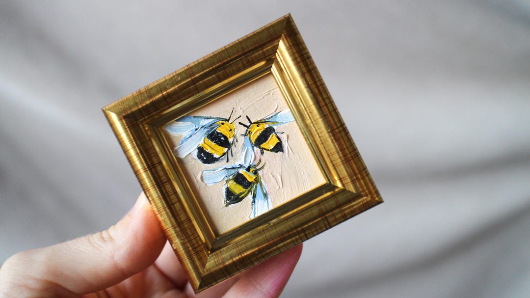 Bee Mini Oil Painting Framed Original 2x2 Honeybee Painting Handmade ...