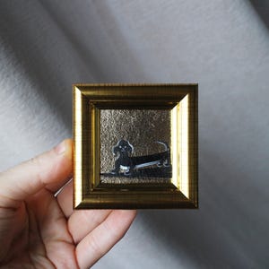 Black and white dachshund oil painting with gold leaf original framed 2x2 dog Oil painting puppy painting Dog Portrait