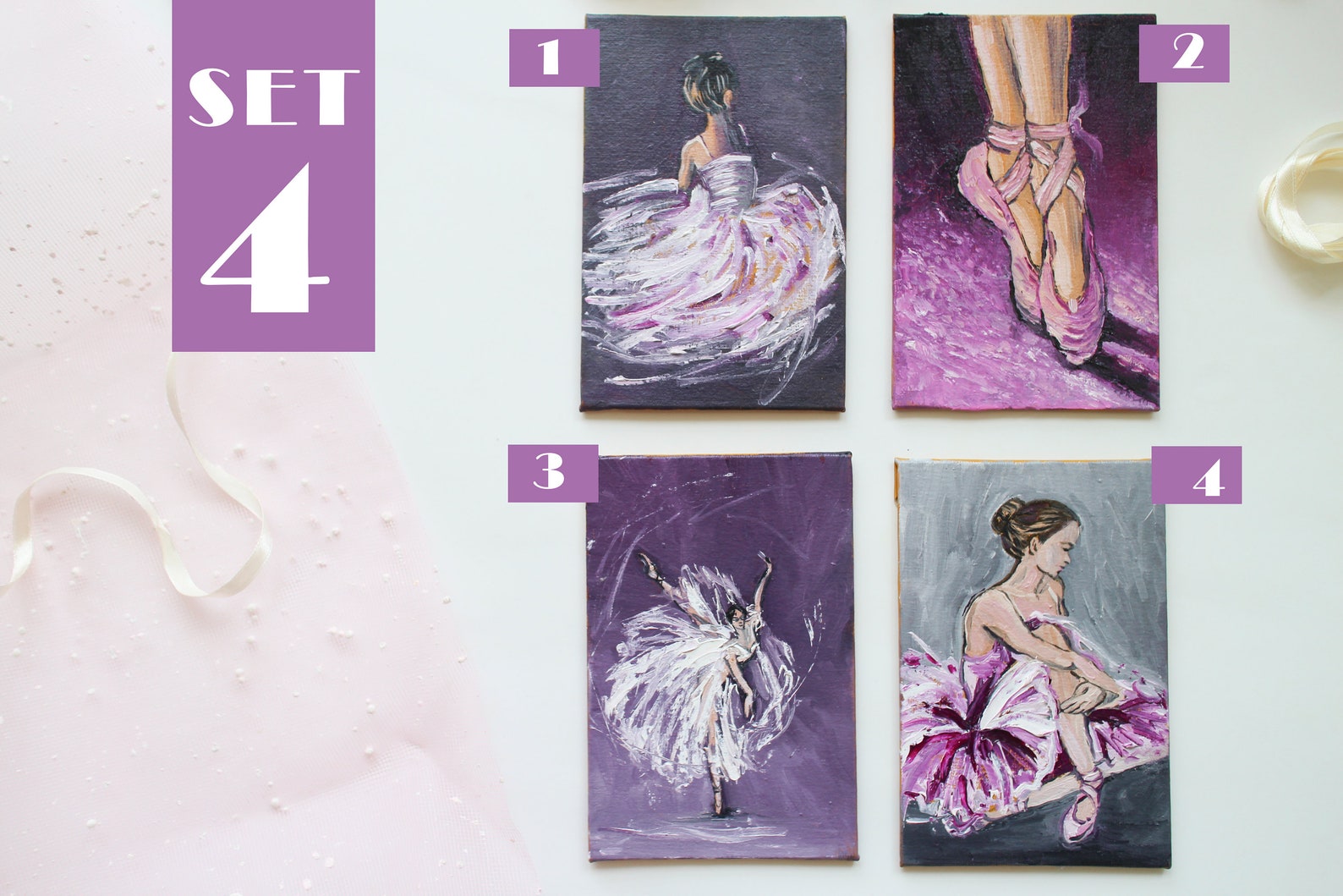 set for 4 prints ballerina painting  ballet dancer oil painting - ballet dancer art  painting pointe shoes  ballerina  print