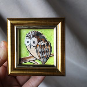 Retrato de búho, pintura al óleo, pintura original enmarcada, pintura de búho, ilustración original enmarcada, decoración del hogar, arte de pared
