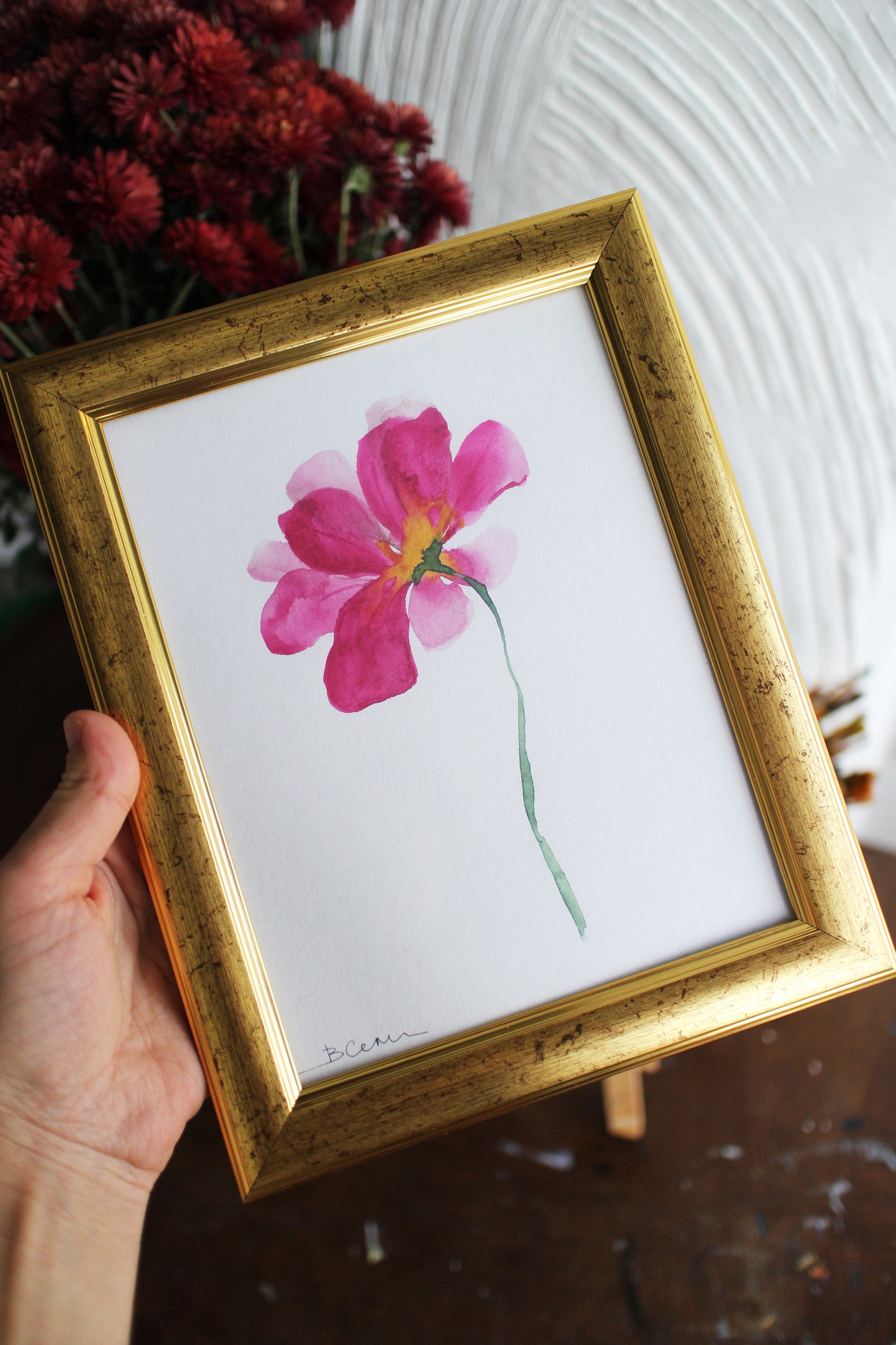 オリジナルの花の水彩画：額入りバラのイラスト、ホームデコレーション