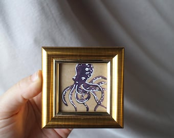 Framed purple Octopus Watercolor Painting: Original Mini Art (2x2 inch)