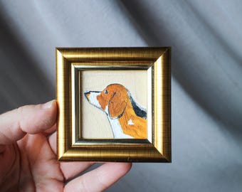 小さな女の子のオリジナル絵画、ビーグル犬のヴィンテージアート、動物