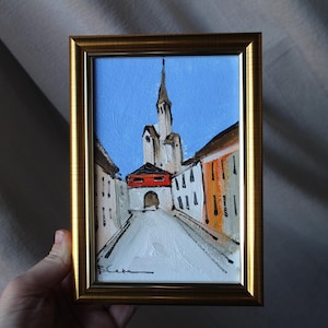 Arquitetura urbana da Romênia, castelo original 4x6, pintura a óleo, castelo emoldurado, esboço de pintura a óleo na montanha