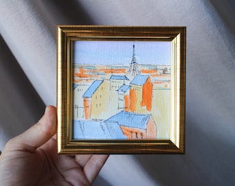 Framed Eiffel Tower Painting: Original Paris Rooftops Watercolor (4x4 inch)