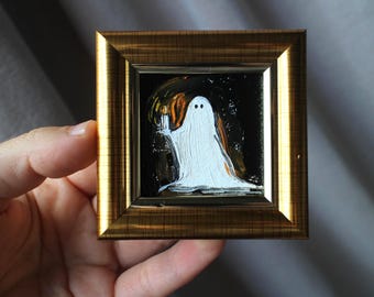 Ghost oil painting 2x2 original framed Gothic Halloween Candle Spooky Dark Academia Room