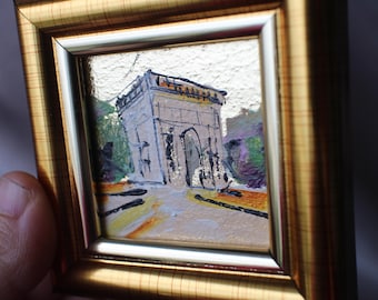 パリ凱旋門の絵画：ミニ油絵、金箔額入り都市風景画、2x2 - Etsy 日本