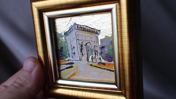 パリ凱旋門の絵画：ミニ油絵、金箔額入り都市風景画、2x2 - Etsy 日本
