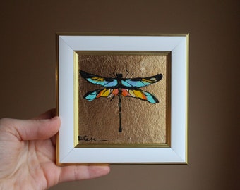 Dragonfly Miniature oil Painting framed original with gold leaf dragonfly painting Handmade Miniature original oil painting Gift for Her
