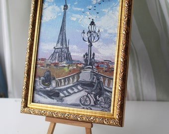 額入りパリ・エッフェル塔油絵：都市風景自転車アート（6 x 8インチ