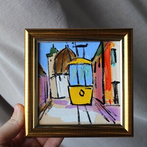 Lviv Ucrania calle tranvía rojo pintura al óleo 4x4 original enmarcado paisaje urbano pintura al óleo pintura romántica Pintura original espátula