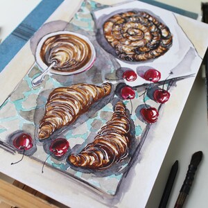 Food breakfast croissant coffee painting watercolor original framed illustration cafe decor wall art gift