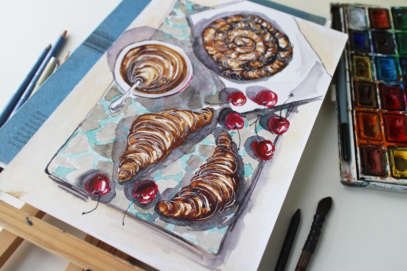 Food breakfast croissant coffee painting watercolor original framed illustration cafe decor wall art gift