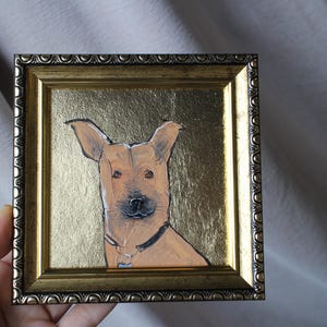 Belgischer Schäferhund Ölgemälde 4x4 mit Blattgold original gerahmter Hund Ölgemälde Welpenmalerei Hundeportrait