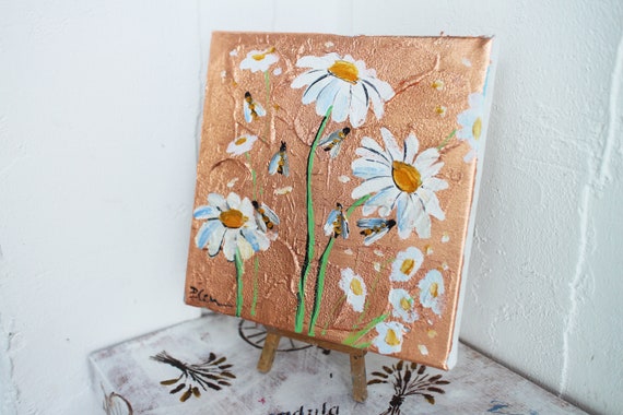 ミツバチ カモミール カモミール デイジー 油絵 オリジナル