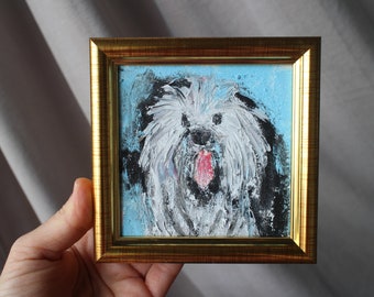 West Highland White Terrier Oil pastel painting framed 4x4 in Original dog Handmade poppy painting